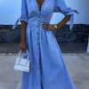 Sexy V Neck Long Button Denim Dress in Dresses