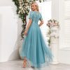 Deep V Plunge Short Sleeve Sequined Irregular Asymmetric Multi Layer Mesh Bridesmaid Prom Dress in Dresses