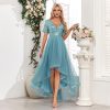Deep V Plunge Short Sleeve Sequined Irregular Asymmetric Multi Layer Mesh Bridesmaid Prom Dress in Dresses