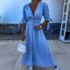 Sexy V Neck Long Button Denim Dress in Dresses