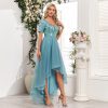 Deep V Plunge Short Sleeve Sequined Irregular Asymmetric Multi Layer Mesh Bridesmaid Prom Dress in Dresses