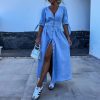 Sexy V Neck Long Button Denim Dress in Dresses