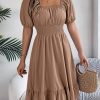Square Collar Short Sleeve Waist Trimming Ruffles A Line Dress in Dresses