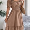 Square Collar Short Sleeve Waist Trimming Ruffles A Line Dress in Dresses
