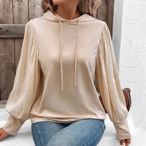 Stitching Puff Sleeve Hooded Sweater