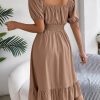 Square Collar Short Sleeve Waist Trimming Ruffles A Line Dress in Dresses