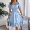 Square Collar Short Sleeve Waist Trimming Ruffles A Line Dress in Dresses