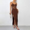 Low Cut Sexy Stitching High Waist Bottoming Split Strap Dress in Dresses