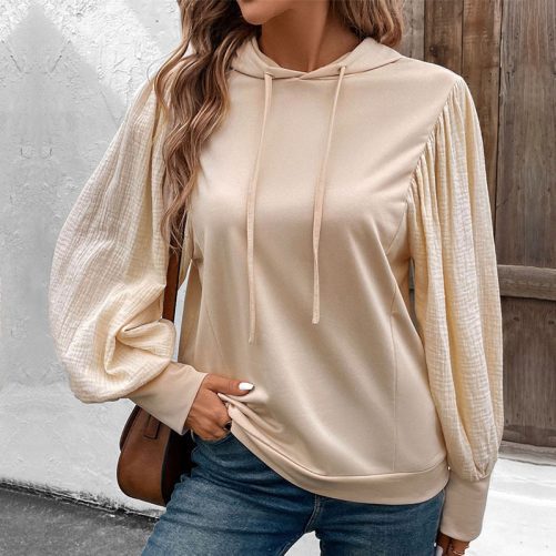 Stitching Puff Sleeve Hooded Sweater