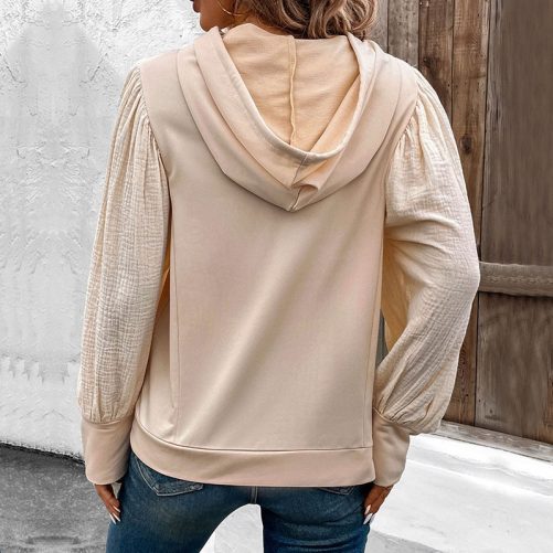 Stitching Puff Sleeve Hooded Sweater