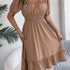 Square Collar Short Sleeve Waist Trimming Ruffles A Line Dress in Dresses