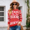 Christmas Red round Neck Deer Snowflake Jacquard Pullover Sweater in Sweaters