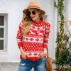 Christmas Red round Neck Deer Snowflake Jacquard Pullover Sweater in Sweaters