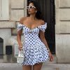 Polka Dot Printed Sexy Hollow Out Cutout Out Shoulder Baring Short Sleeve Dress in Dresses