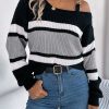 Casual Contrast Color Striped Lantern Sleeve Metal Buckle Off The Shoulder Pullover Sweater in Sweaters