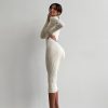 High Collar Mid Length Sunken Stripe Knitted Dress in Dresses
