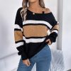 Casual Contrast Color Striped Lantern Sleeve Metal Buckle Off The Shoulder Pullover Sweater in Sweaters