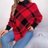 Casual Color Contrast Check Turtleneck Long Sleeve Cloak Sweater in Sweaters
