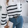 Casual Contrast Color Striped Pocket Lantern Sleeve Pullover Sweater in Sweaters