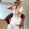 Collared Slim Fit Slimming Elegant Stitching Contrast Color Sheath Short Sleeve Long Pattern Single Breasted Knitted Dress in Dresses