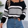 Casual Contrast Color Striped Lantern Sleeve Metal Buckle Off The Shoulder Pullover Sweater in Sweaters