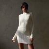 High Collar Mid Length Sunken Stripe Knitted Dress in Dresses