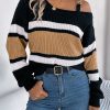 Casual Contrast Color Striped Lantern Sleeve Metal Buckle Off The Shoulder Pullover Sweater in Sweaters