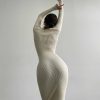 High Collar Mid Length Sunken Stripe Knitted Dress in Dresses
