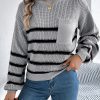 Casual Contrast Color Striped Pocket Lantern Sleeve Pullover Sweater in Sweaters