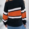 Casual Contrast Color Striped Lantern Sleeve Metal Buckle Off The Shoulder Pullover Sweater in Sweaters