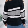 Casual Contrast Color Striped Lantern Sleeve Metal Buckle Off The Shoulder Pullover Sweater in Sweaters