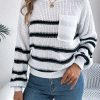 Casual Contrast Color Striped Pocket Lantern Sleeve Pullover Sweater in Sweaters