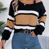 Casual Contrast Color Striped Lantern Sleeve Metal Buckle Off The Shoulder Pullover Sweater in Sweaters