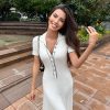 Collared Slim Fit Slimming Elegant Stitching Contrast Color Sheath Short Sleeve Long Pattern Single Breasted Knitted Dress in Dresses