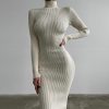 High Collar Mid Length Sunken Stripe Knitted Dress in Dresses