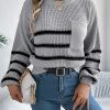 Casual Contrast Color Striped Pocket Lantern Sleeve Pullover Sweater in Sweaters
