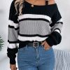Casual Contrast Color Striped Lantern Sleeve Metal Buckle Off The Shoulder Pullover Sweater in Sweaters