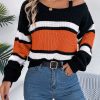 Casual Contrast Color Striped Lantern Sleeve Metal Buckle Off The Shoulder Pullover Sweater in Sweaters