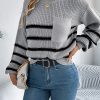 Casual Contrast Color Striped Pocket Lantern Sleeve Pullover Sweater in Sweaters