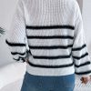 Casual Contrast Color Striped Pocket Lantern Sleeve Pullover Sweater in Sweaters