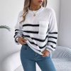 Casual Contrast Color Striped Pocket Lantern Sleeve Pullover Sweater in Sweaters