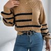 Casual Contrast Color Striped Pocket Lantern Sleeve Pullover Sweater in Sweaters