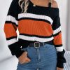 Casual Contrast Color Striped Lantern Sleeve Metal Buckle Off The Shoulder Pullover Sweater in Sweaters