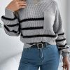 Casual Contrast Color Striped Pocket Lantern Sleeve Pullover Sweater in Sweaters