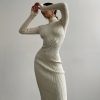 High Collar Mid Length Sunken Stripe Knitted Dress in Dresses