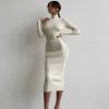 High Collar Mid Length Sunken Stripe Knitted Dress in Dresses