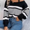Casual Contrast Color Striped Lantern Sleeve Metal Buckle Off The Shoulder Pullover Sweater in Sweaters