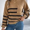 Casual Contrast Color Striped Pocket Lantern Sleeve Pullover Sweater in Sweaters
