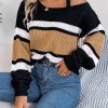 Casual Contrast Color Striped Lantern Sleeve Metal Buckle Off The Shoulder Pullover Sweater in Sweaters