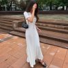 Collared Slim Fit Slimming Elegant Stitching Contrast Color Sheath Short Sleeve Long Pattern Single Breasted Knitted Dress in Dresses